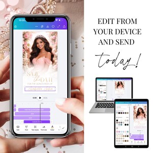 Quinceañera video invitation editing in Canva on mobile device, pink blush gold princess design, customize text, colors and timing, digital Sweet 16 invitation template, easy to personalize and create professional video invitation