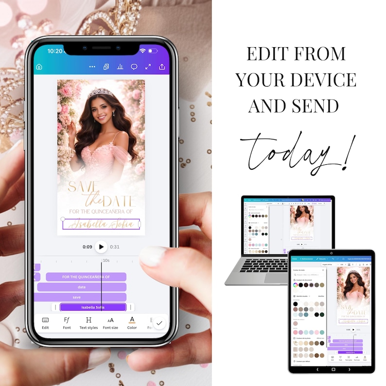 Quinceañera video invitation editing in Canva on mobile device, pink blush gold princess design, customize text, colors and timing, digital Sweet 16 invitation template, easy to personalize and create professional video invitation