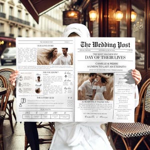 Peut inclure: Une personne tient un journal intitulé "The Wedding Post" avec le titre "Le plus magnifique jour de leur vie". Le journal présente des photos d'un couple et des détails du mariage. L'arrière-plan montre un café.