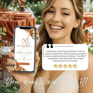 Happy bride holding phone with animated digital wedding invitation, highlighting guest experience and modern electronic wedding invite.