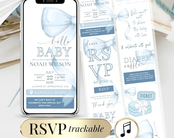 Blue Bow Baby Shower Invitation Template, Editable Canva Invite (Digital)
