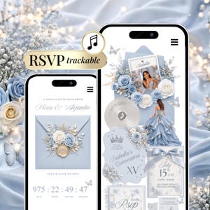 Blue Quinceañera Invitation with RSVP Link, Princess Sweet 16 Digital Invite, Editable Canva Website, Trackable RSVP, Music Countdown