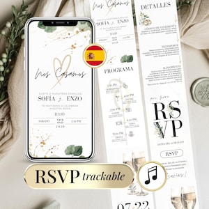 Invitación de boda digital editable en español con RSVP online rastreable. Plantilla Canva moderna para compartir por WhatsApp o email. Incluye programa del día, diseño elegante y formulario de confirmación de asistencia. Perfecta para bodas modernas, bodas mexicanas o destination weddings en España. ¡Personalízala fácilmente y organiza tu boda en pocos clics!