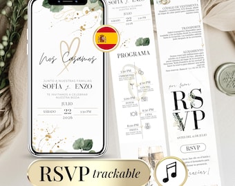 Cyfrowe zaproszenie ślubne w języku hiszpańskim – konfigurowalny szablon Canva ze śledzeniem RSVP online – edytowalne cyfrowe zaproszenie ślubne