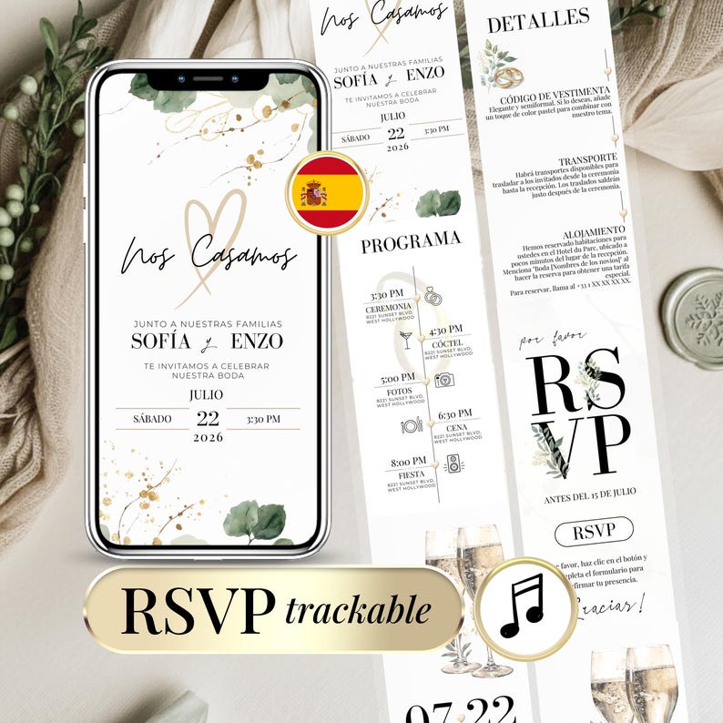 Invitación de boda digital editable en español con RSVP online rastreable. Plantilla Canva moderna para compartir por WhatsApp o email. Incluye programa del día, diseño elegante y formulario de confirmación de asistencia. Perfecta para bodas modernas, bodas mexicanas o destination weddings en España. ¡Personalízala fácilmente y organiza tu boda en pocos clics!