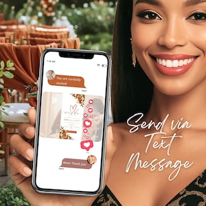 Electronic wedding invitation sent via text message on smartphone, showcasing elegant burnt orange wedding design and digital RSVP experience.
