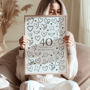 May include: A framed print featuring numerous hand-drawn hearts in various styles. The print includes the text "40 reasons why we love you" in a decorative font, perfect for a special occasion. The artwork is in black and white.