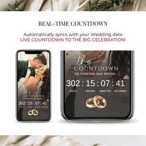 Sage green digital wedding invitation countdown screen on mobile phones. Real-time wedding countdown timer synced to the couple’s date, displayed on animated Canva wedding website template. Modern online wedding invite with live countdown, bride and groom photo, gold rings, editable e invite for texting or email. Perfect for modern digital weddings.