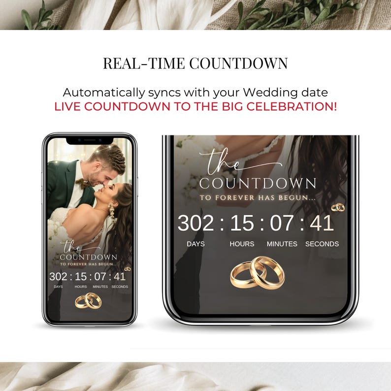 Sage green digital wedding invitation countdown screen on mobile phones. Real-time wedding countdown timer synced to the couple’s date, displayed on animated Canva wedding website template. Modern online wedding invite with live countdown, bride and groom photo, gold rings, editable e invite for texting or email. Perfect for modern digital weddings.