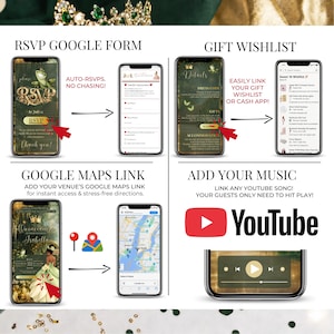 May include: A digital invitation design showcasing a quincea&ntilde;era theme. The design includes smartphone mockups displaying RSVP, gift wishlist, Google Maps link, and music integration via YouTube. The color scheme is dark green and gold.