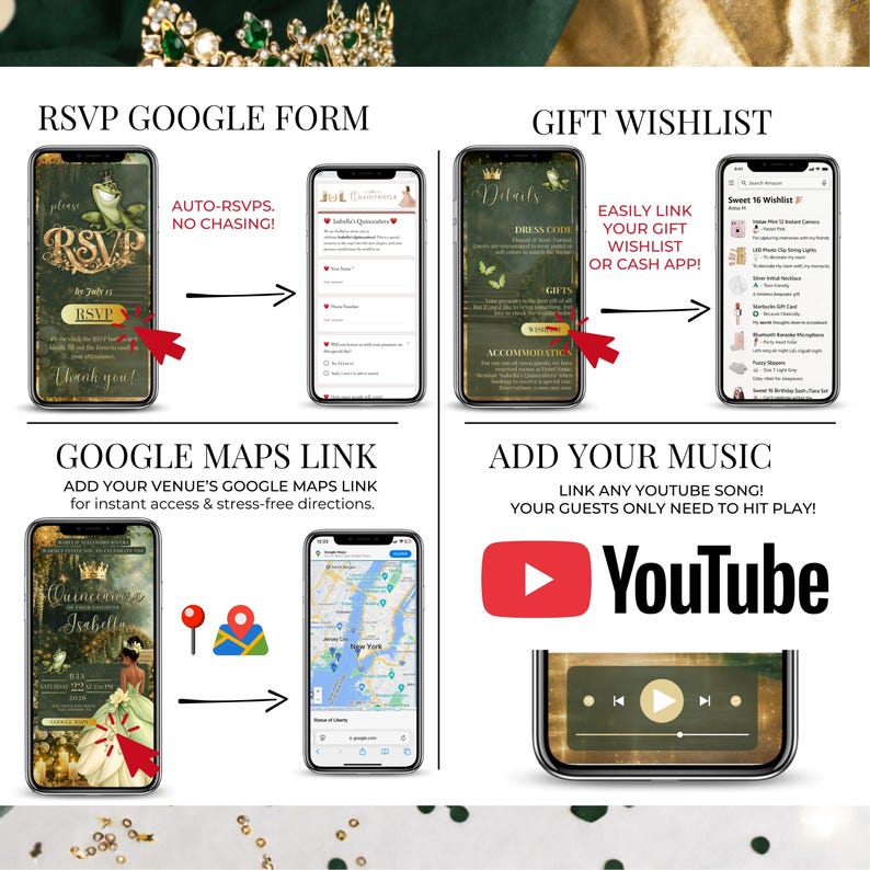 May include: A digital invitation design showcasing a quincea&ntilde;era theme. The design includes smartphone mockups displaying RSVP, gift wishlist, Google Maps link, and music integration via YouTube. The color scheme is dark green and gold.