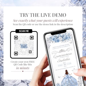 Blue and silver Cinderella Quinceañera invitation website demo with QR code. Editable Canva website invitation featuring RSVP form, countdown timer, music, Google Maps links, and interactive guest experience for quinceañera celebrations.