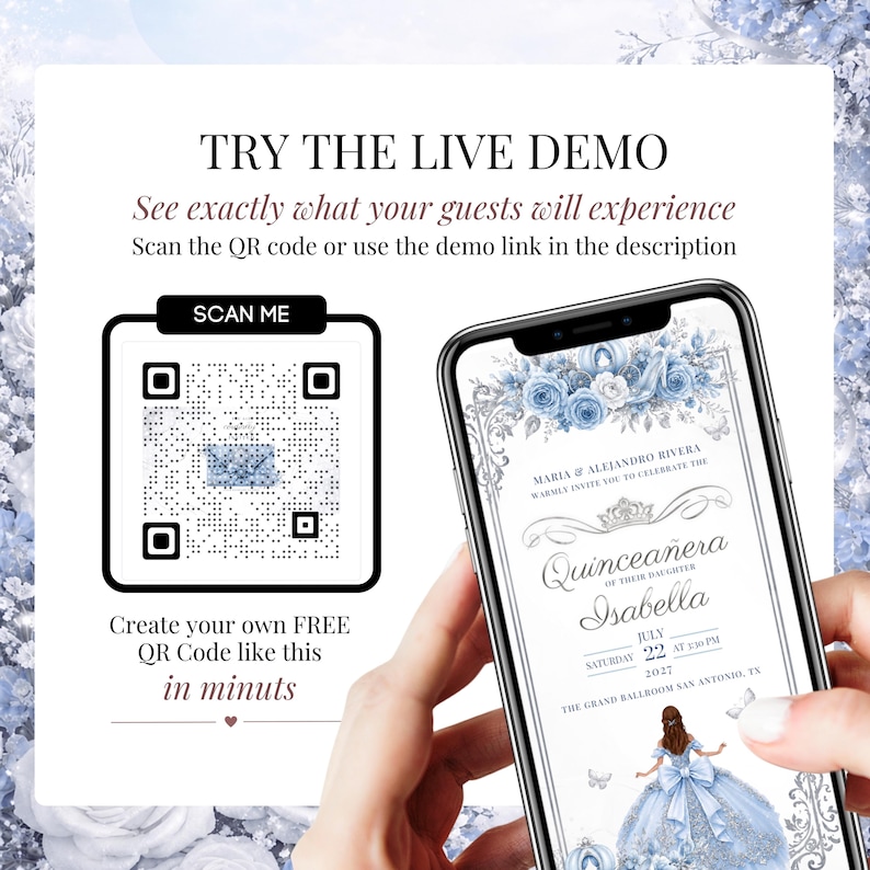 Blue and silver Cinderella Quinceañera invitation website demo with QR code. Editable Canva website invitation featuring RSVP form, countdown timer, music, Google Maps links, and interactive guest experience for quinceañera celebrations.