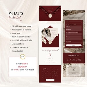Burgundy and ivory wedding website pages displayed beside a feature list, including lace envelope, Save the Date, RSVP form, countdown and wedding calendar. Editable Canva digital wedding invitation with Add to Calendar.