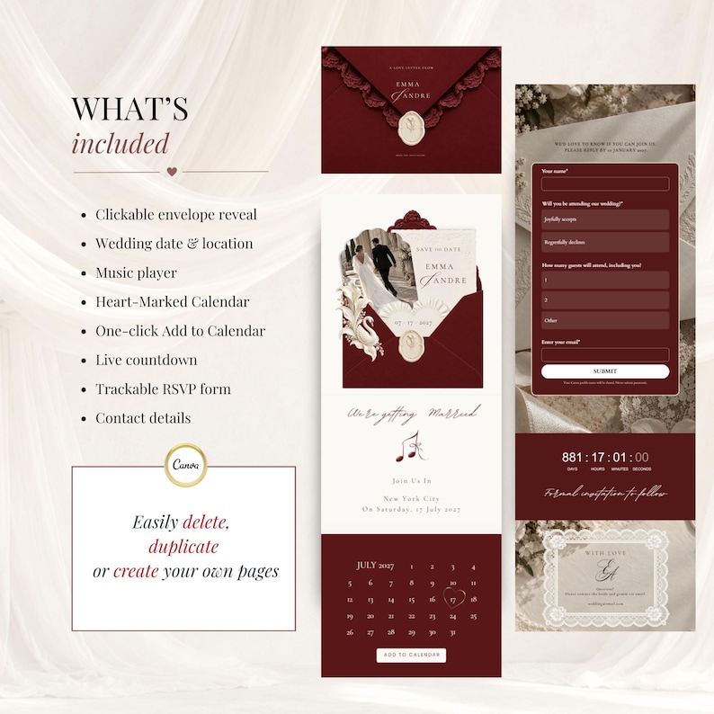 Burgundy and ivory wedding website pages displayed beside a feature list, including lace envelope, Save the Date, RSVP form, countdown and wedding calendar. Editable Canva digital wedding invitation with Add to Calendar.