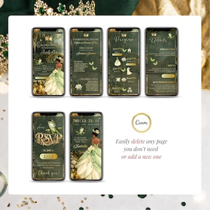 Elegant Tiana inspired quinceañera invitation with floral gown and gold crown, Canva editable digital invite with RSVP link, music and Google Maps integration