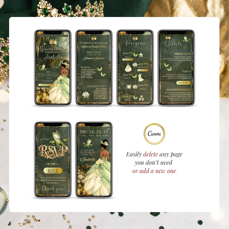 Elegant Tiana inspired quinceañera invitation with floral gown and gold crown, Canva editable digital invite with RSVP link, music and Google Maps integration