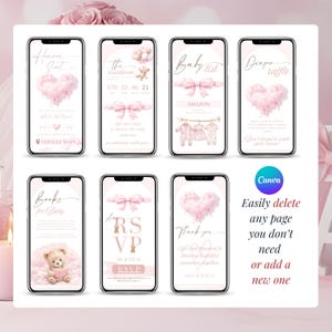 Multiple phone previews of baby shower digital invitation, pink teddy cloud baby girl theme with RSVP online and Canva editing