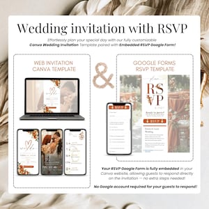 Wedding invitation with RSVP system showing digital invite, Google Form RSVP, and online response tracking on mobile phone, modern electronic wedding invitation.