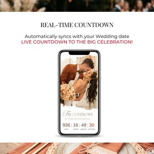 Live wedding countdown digital invitation, burnt orange wedding RSVP website Canva template, terracotta wedding invitation, interactive fall autumn wedding invite, countdown timer wedding website, modern electronic wedding invitation