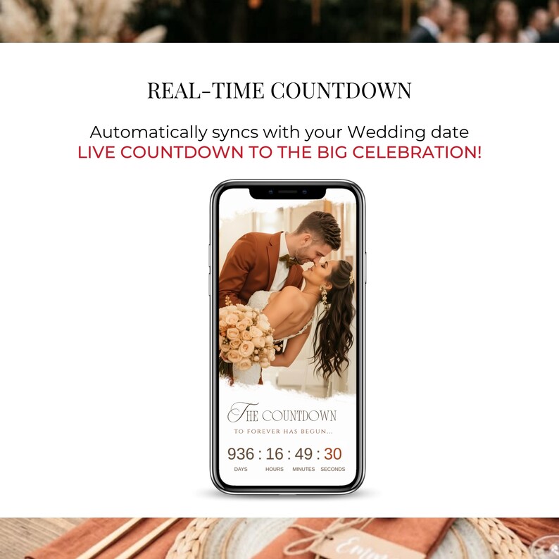 Live wedding countdown digital invitation, burnt orange wedding RSVP website Canva template, terracotta wedding invitation, interactive fall autumn wedding invite, countdown timer wedding website, modern electronic wedding invitation