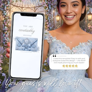 Blue and silver Cinderella Quinceañera website invitation with five-star customer review. Elegant princess invitation template featuring RSVP tracking, clickable envelope, music, countdown timer, and customizable Canva design.