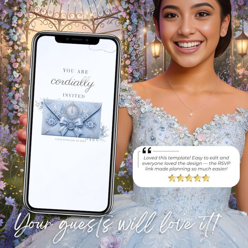 Blue and silver Cinderella Quinceañera website invitation with five-star customer review. Elegant princess invitation template featuring RSVP tracking, clickable envelope, music, countdown timer, and customizable Canva design.