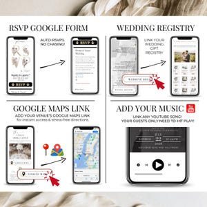 Digital Wedding Invitation Features Preview – mobile screens showing RSVP Google Form, wedding registry link, Google Maps venue button and custom YouTube music integration – editable Canva template for online wedding website, modern and interactive invitation with auto-RSVP and clickable links – Templates4Branding