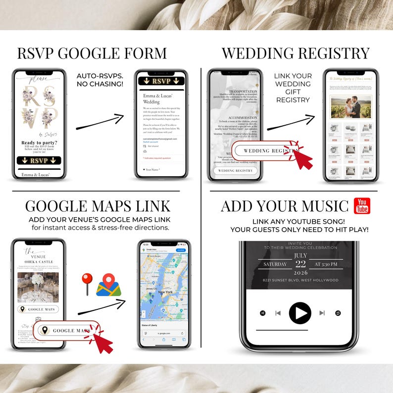 Digital Wedding Invitation Features Preview – mobile screens showing RSVP Google Form, wedding registry link, Google Maps venue button and custom YouTube music integration – editable Canva template for online wedding website, modern and interactive invitation with auto-RSVP and clickable links – Templates4Branding