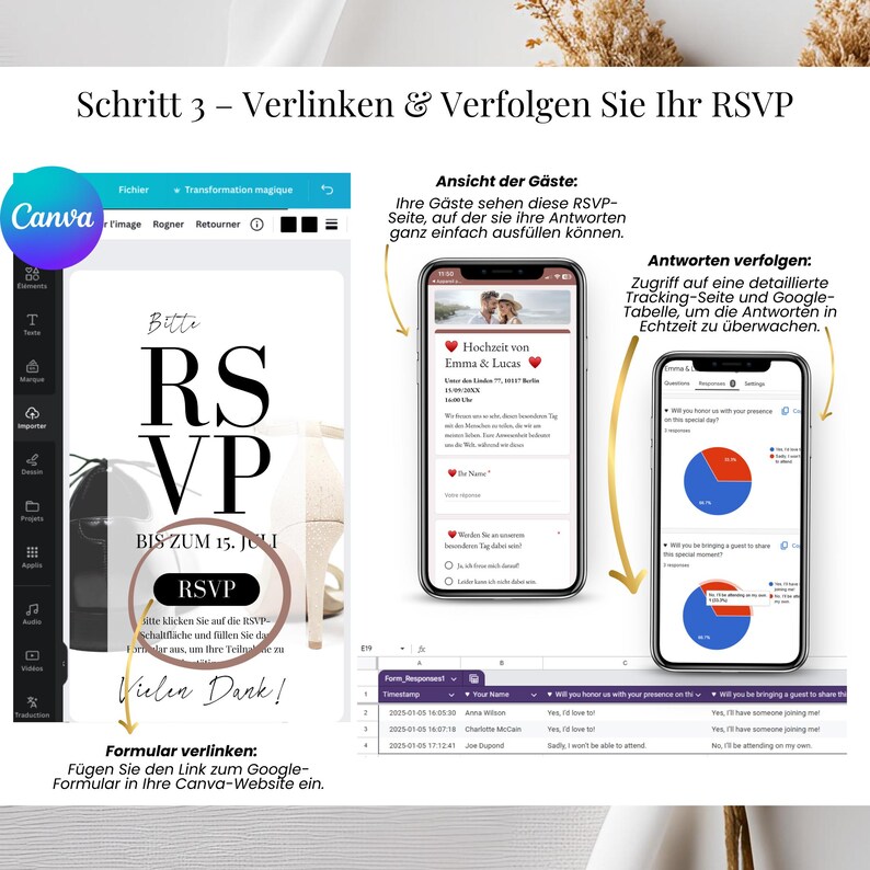 Anpassbare digitale Hochzeitseinladung – stilvolles Canva-Design mit RSVP-Integration und Gästelisten-Tracking per Google-Formular. Zeitgemäße Lösung für elegante und nachhaltige Hochzeiten.