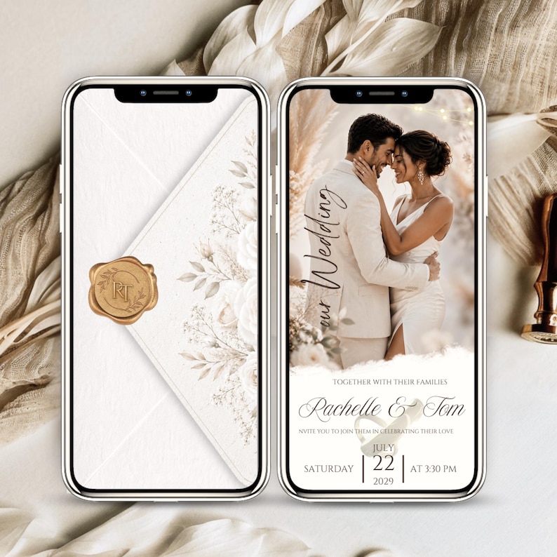 Elegant Wedding Video Invitation Template featuring a romantic couple, luxury ivory and champagne gold design, wax seal envelope, animated wedding invite, Canva editable video invitation, digital wedding card, save the date video, mobile wedding invitation.