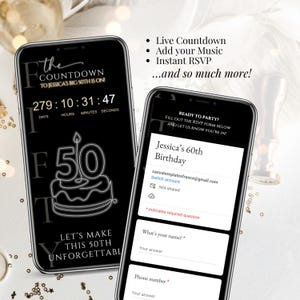 Editable animated 50th birthday invitation for phone, with trackable RSVP. Modern surprise party evite featuring a black and gold design with custom photo and music.