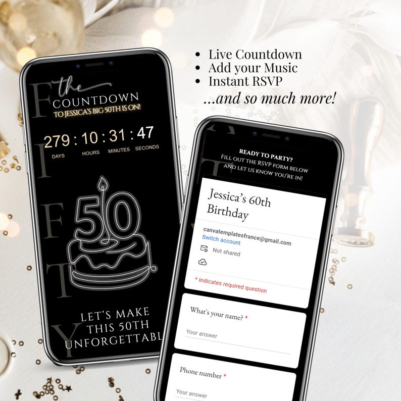 Editable animated 50th birthday invitation for phone, with trackable RSVP. Modern surprise party evite featuring a black and gold design with custom photo and music.