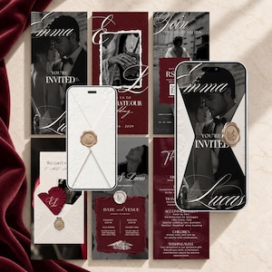 May include: A collection of digital wedding invitation templates displayed on smartphones and flat layouts. The designs feature black and white photography of a couple, deep red accents, white embossed floral patterns, and gold wax seals with swan motifs.