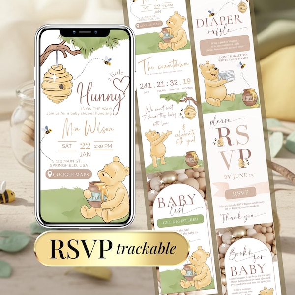 Modelo de convite para chá de bebê do Ursinho Pooh | Evite digitalmente com RSVP | Convite editável em formato de ursinho de pelúcia com mel para menino ou menina, gênero neutro