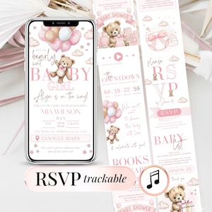 Pink Baby Shower Girl Invitation Template, Editable Digital Mini Website Invite with Trackable RSVP, Teddy Bear Balloons Pink Girl Invite