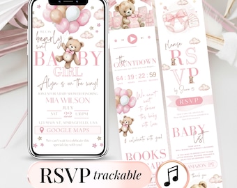 Pink Baby Shower Girl Invitation Template, Editable Digital Mini Website Invite with Trackable RSVP, Teddy Bear Balloons Pink Girl Invite
