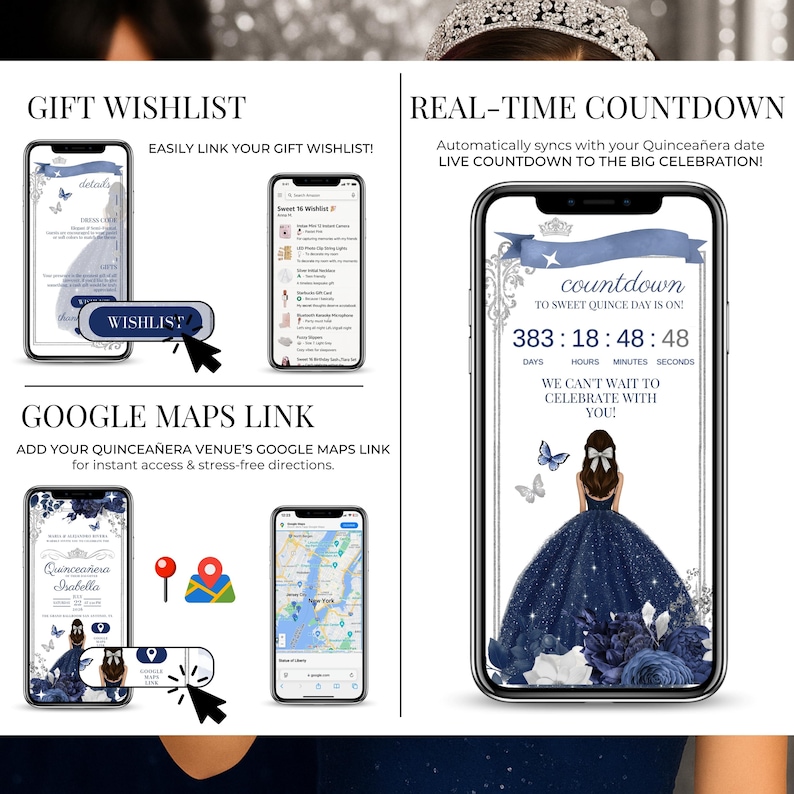 Quinceañera digital invitation features gift wishlist, Google Maps link to venue, and real-time countdown timer. Editable navy blue Sweet 16 website template with RSVP and princess theme. Guests can view the gift list, get directions, and track time until the event. Perfect for 15th birthday or Mis Quince Años celebration with stress-free planning tools.