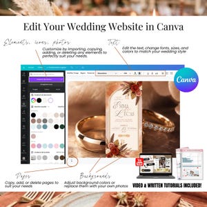 Editable Canva wedding website template, customize text, photos, icons, colors, backgrounds, and pages, burnt orange wedding invitation RSVP website, terracotta wedding invitation, interactive fall autumn wedding invite, digital invitation