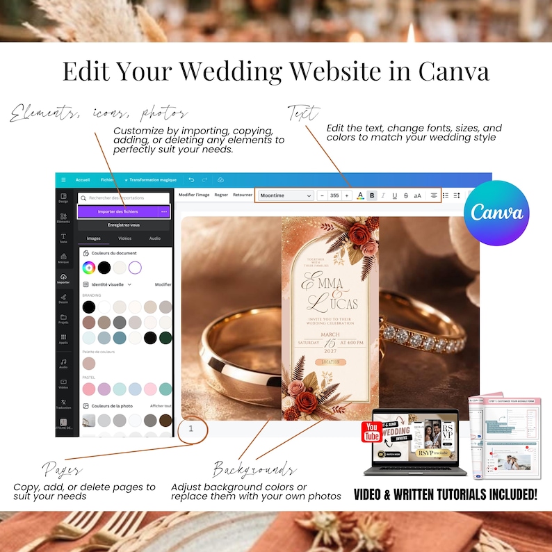 Editable Canva wedding website template, customize text, photos, icons, colors, backgrounds, and pages, burnt orange wedding invitation RSVP website, terracotta wedding invitation, interactive fall autumn wedding invite, digital invitation