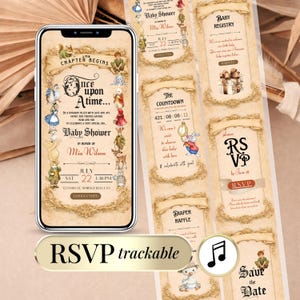 Peut inclure: Un smartphone affiche une invitation à une baby shower sur le thème d'Alice au pays des merveilles. L'invitation comprend le texte "Once Upon a Time..." et les détails de l'événement. D'autres encarts de baby shower sont également visibles.