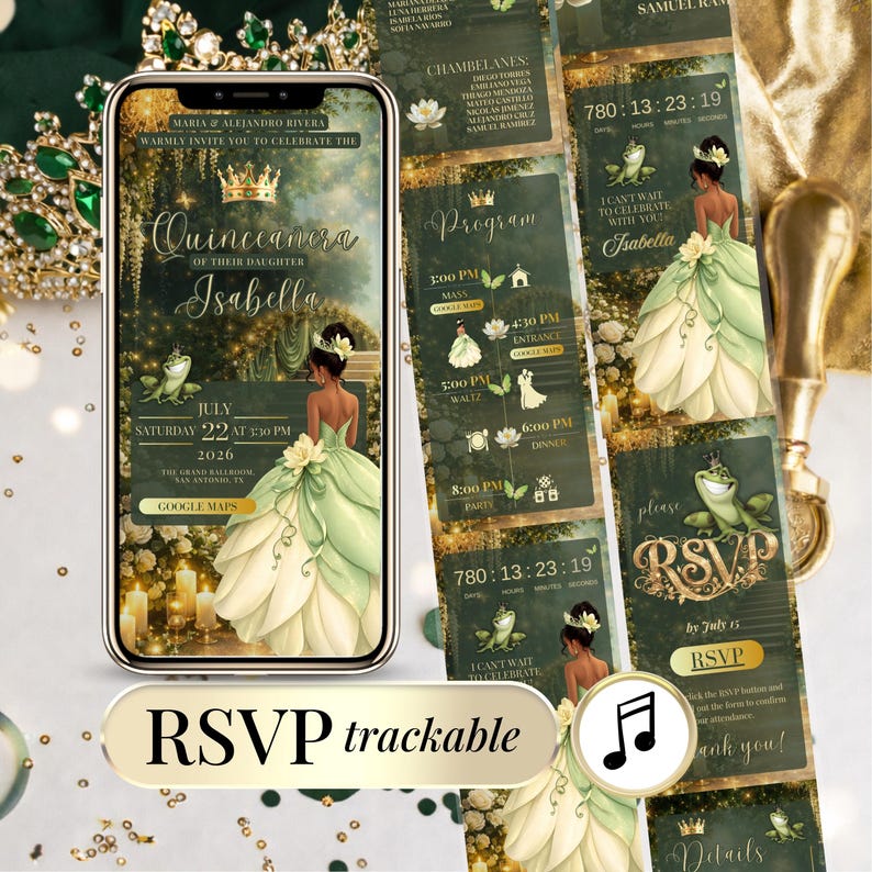 Tiana princess quinceañera invitation green gold digital Canva template with RSVP website, countdown timer, mobile friendly sweet 16 event invitation design