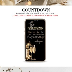 May include: A smartphone displays a countdown timer for a birthday celebration. The screen shows the text "The Countdown" and "I can't wait to celebrate with you!" with a champagne bottle and glasses graphic. The countdown reads 658 days, 11 hours, 34 minutes, and 54 seconds.