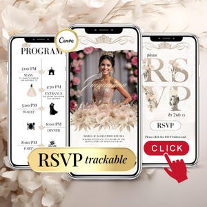 Quinceanera Invitation Digital with Photo Sweet 15 Birthday Invite - Invitation Quinceañera Numérique Anniversaire Modèle et RSVP Cliquable