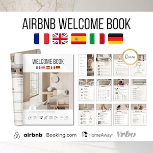 Może przedstawiać: Książka powitalna Airbnb zatytułowana "WELCOME BOOK" z flagami różnych krajów. Książka zawiera strony z informacjami o udogodnieniach, zajęciach i instrukcjach dotyczących zameldowania/wymeldowania. Widoczne jest logo Canva.