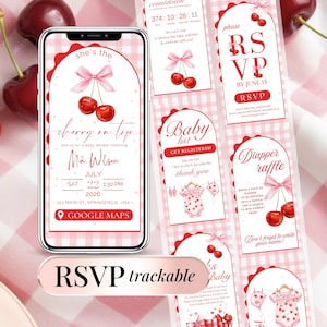 Baby Shower Invite Digital Cherry on Top Invitation Editable Template for Girl Baby Shower RSVP Online Coquette Baby Shower Instant Download