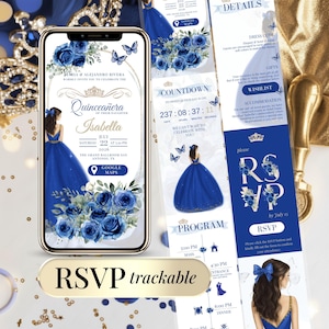 Invito Quinceañera blu reale e oro - Modello digitale Canva modificabile con RSVP | Mis 15 Años, Sweet 15/16, Invito al sito web per il conto alla rovescia