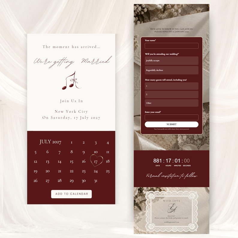 Burgundy and ivory wedding website pages showing wedding details, heart calendar, Add to Calendar button, RSVP form, live countdown and lace contact card. Elegant digital Save the Date website template editable in Canva.