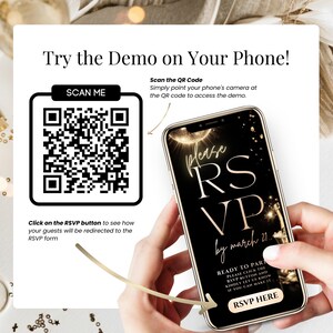 Black gold adult birthday party invite, masquerade digital invitation with RSVP link, mobile friendly Canva template for 30th 40th 50th 60th milestone birthday any age event.