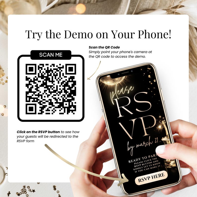 Black gold adult birthday party invite, masquerade digital invitation with RSVP link, mobile friendly Canva template for 30th 40th 50th 60th milestone birthday any age event.